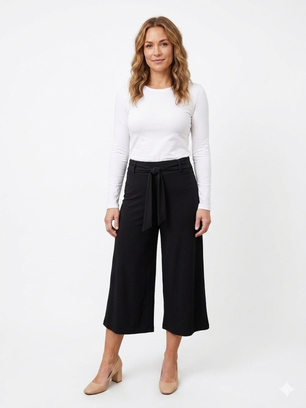 High-Rise Wide-Leg Tie-Waist Cropped Pants - Black